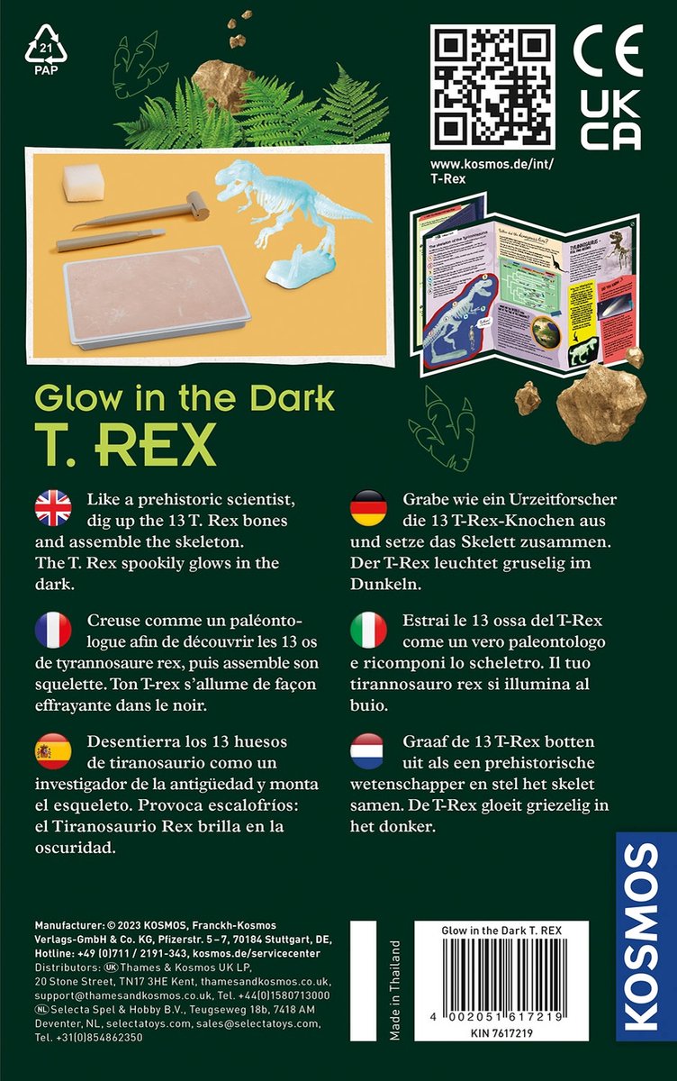 KOSMOS Dig Out Glow in the Dark T-Rex - Opgravingsset - Graaf een Lichtgevend T-Rex Skelet Op - Bouw Zelf een Dino van 13 Botdelen - Inclusief Hamer en Beitel - STEM Speelgoed - Vanaf 7 Jaar — afbeelding 2