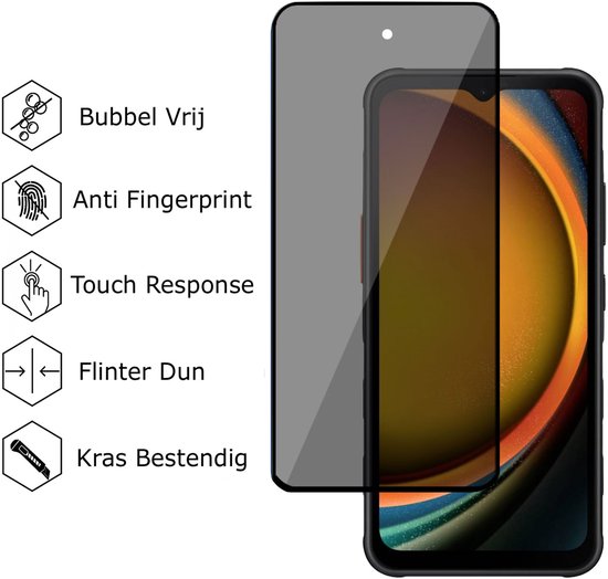 Screenprotector met zes iconen: Bubbel Vrij, Anti Fingerprint, Touch Response, Flinter Dun, Kras Bestendig.