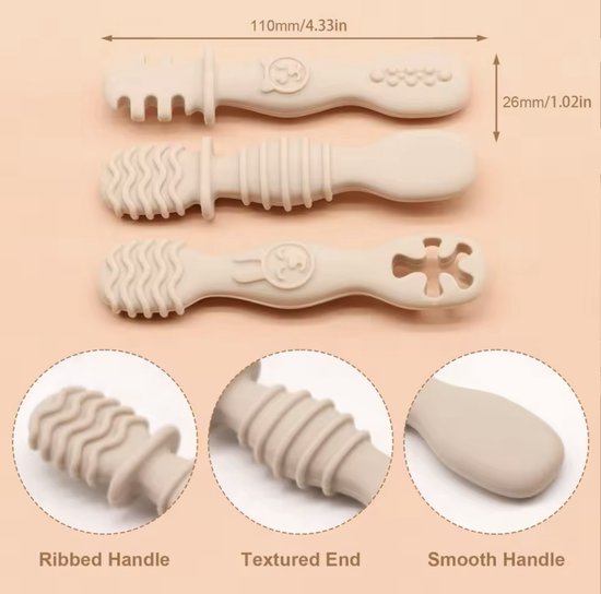 Couverts Bébé en Siliconen - 4 pièces - Beige - Cuillères - Sensoriels - Sans BPA