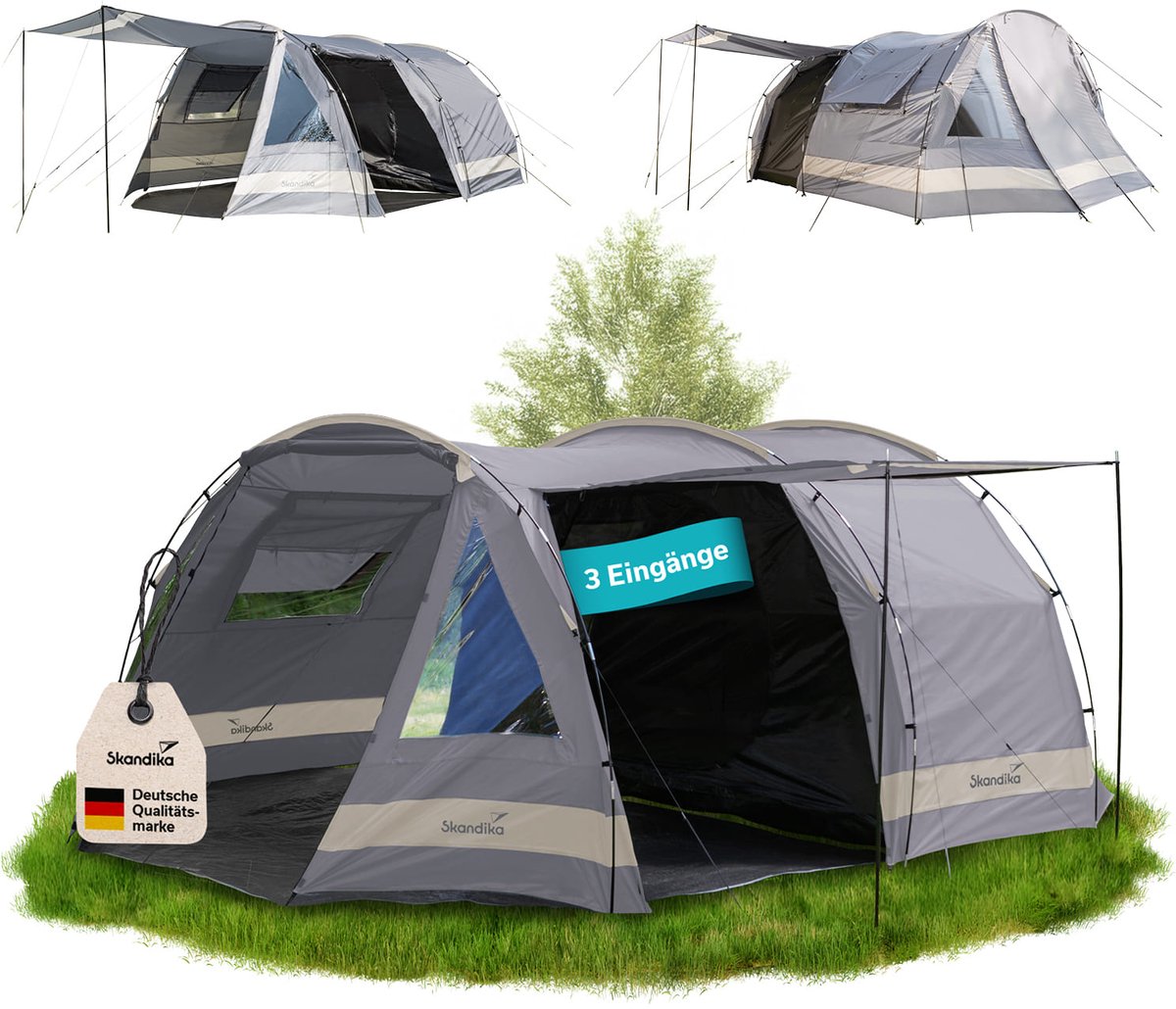 Skandika Kambo tunneltent voor 6 personen - XL familietent voor kamperen, 2 m stahoogte, verduisterde slaapcabine, waterdicht, 3000 mm waterkolom, zonneluifel | grote kampeertent, festivaltent voor 6 personen
