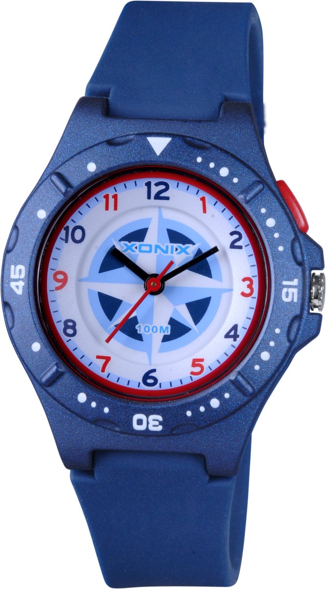 Xonix ABV-006 - Horloge - Polshorloge - Analoog - Kinderen - Unisex - Siliconen band - ABS - Cijfers - Waterdicht - DonkerBlauw - Wit - Rood