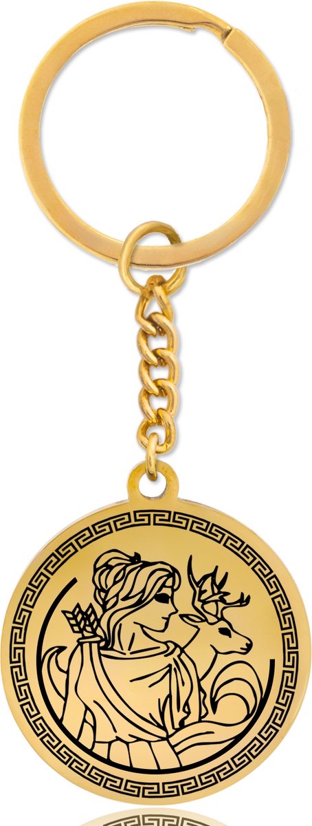 Griekse God Artemis Sleutelhanger - Goudkleurige Mythologie Talisman - Roestvrij Staal - Olympus Cadeau - Pax Amare