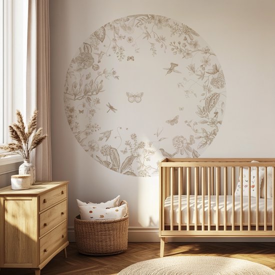 Behangcirkel Botanical Garden - Ø 75 cm - Behangcirkel zelfklevend - Muurcirkel binnen - Dromen - Bloemen en vogels - Vlinders en bijtjes - Wandsticker - Behangsticker - Babykamer en kinderkamer
