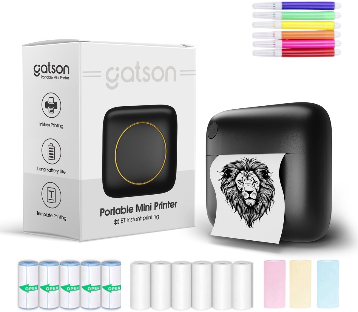 Gatson - Mini Printer voor Mobiel - Pocket Printer - Mobiele Fotoprinter - Inclusief 6 rollen Papier + 5 pennen