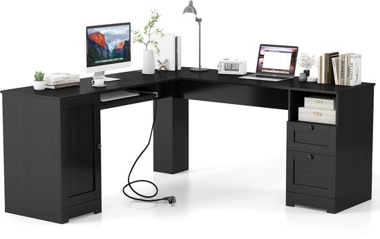 Costway L-Vormig Hoekbureau 147 Cm X 112 Cm Computer Gaming Bureau Met Monitor Standaard En Host Lade Walnoot