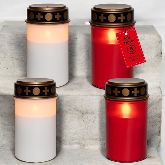 Foto: Novaliv 4 stuks graflichten led met batterij en timer 6 18 graflichten wit en rood langdurige graflamp led kaarsen flikkerende vlam grafkaars gedenkkaars graflantaarn eeuwig licht rouwkaars