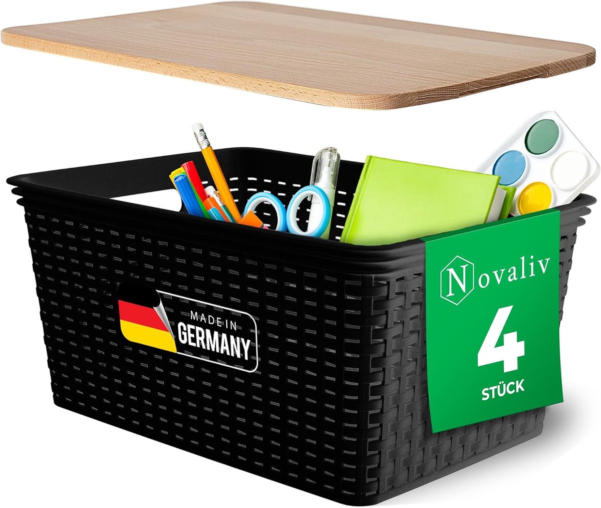 Novaliv set van 4 elegante opbergmanden met houten deksels in rotanlook | Zwarte voedselveilige kunststof 14L? voor kantoor en thuis. Veelzijdige opbergdozen. Ideale opbergdoos