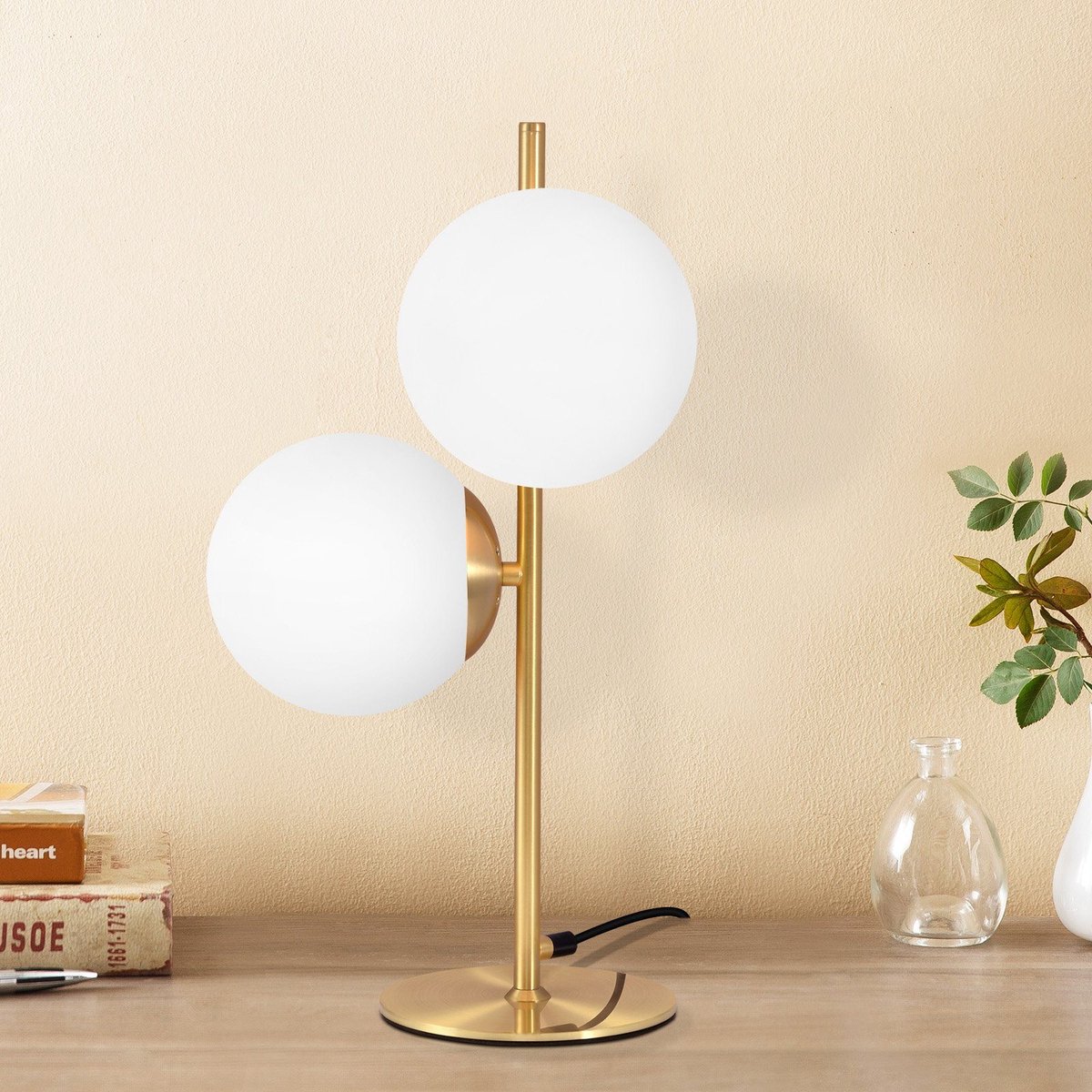 NETTLIFE Tafellamp E27 - goud - Glas Lampenkap - 2 Licht - Moderne - Tafellamp met schakelaar - voor Woonkamer | Slaapkamer | Kinderkamer | Kantoor-excl. lichtbron