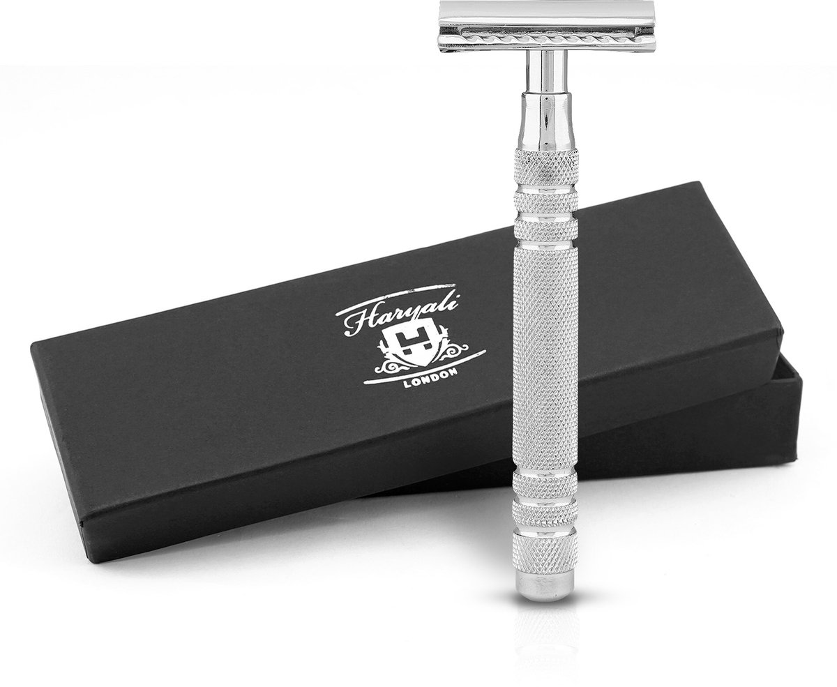 Haryali London Double Edge Safety Razor voor mannen en vrouwen - Roestvrijstalen Double Edge Razor - Geëtst ontwerp met handgreep - Herbruikbaar scheermes - Past op alle DE-mesjes