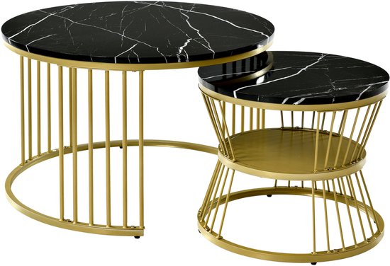 Set de 2 tables basses rondes 70/45 cm, table basse à pieds multiples, plateau motif marbre, pieds en métal doré, convient pour salon, salle à café, séjour - Zwart Goud
