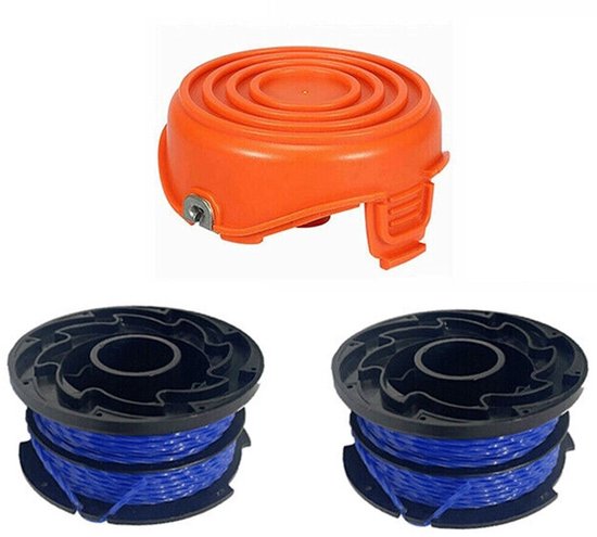 Oranje trimmerkop met twee spoelen met blauw trimmerdraad, geschikt voor Black Decker.