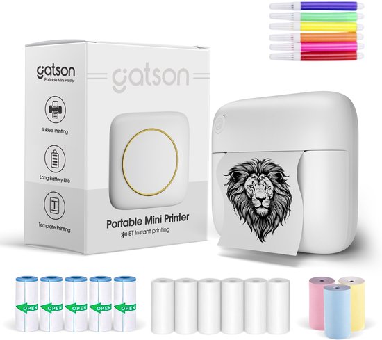 Gatson Mini Printer - 300DPI - Inclusief 14 Rollen Papier (Sticker, Normaal & Kleur) + 5 pennen - Mini Printer voor Mobiel - Pocket Printer - Mobiele Fotoprinter