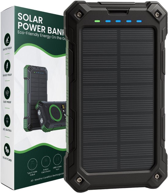 Solar Powerbank 30000mAh - Draadloos Opladen - Waterdicht en - Solar - €59,95