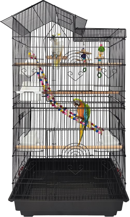 Aufun Vogelkooi met vogelspeelgoed, parkietenkooi, exotische kooi speelgoed valkparkieten volière vogelhuis kooi met vogeltrap 45x35,5x99cm