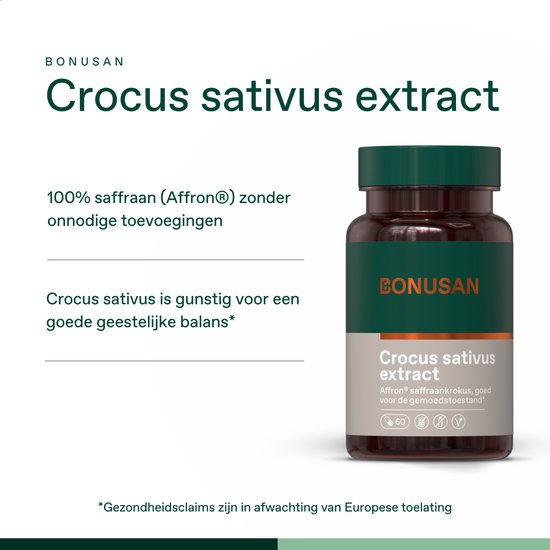 Donkerbruine fles met groen en grijs etiket met "Crocus sativus extract" en "Affron® saffraan, goed voor de gemoedstoestand".
