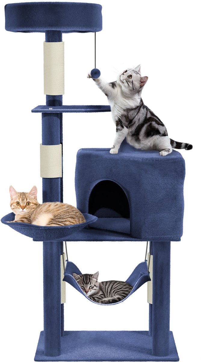 Aufun Kattenboom Krabpaal Kattenkrabpaal voor Katten, Klimboom met hangmat en speelopties kattenstal Speelhuis Krabpalen, 55.5x39x133.5cm, Donkergrijs