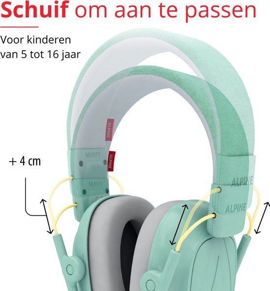 Muntgroene Alpine Muffy kinder koptelefoon, instelbaar, met labels 'Muffy'.