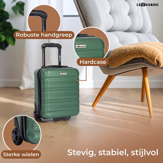 Handbagage Koffer 40x30x20 cm - Underseater voor Transavia, EasyJet en RyanAir - Trolley Handbagage - Reiskoffer met Wielen - Groen - Leonardo