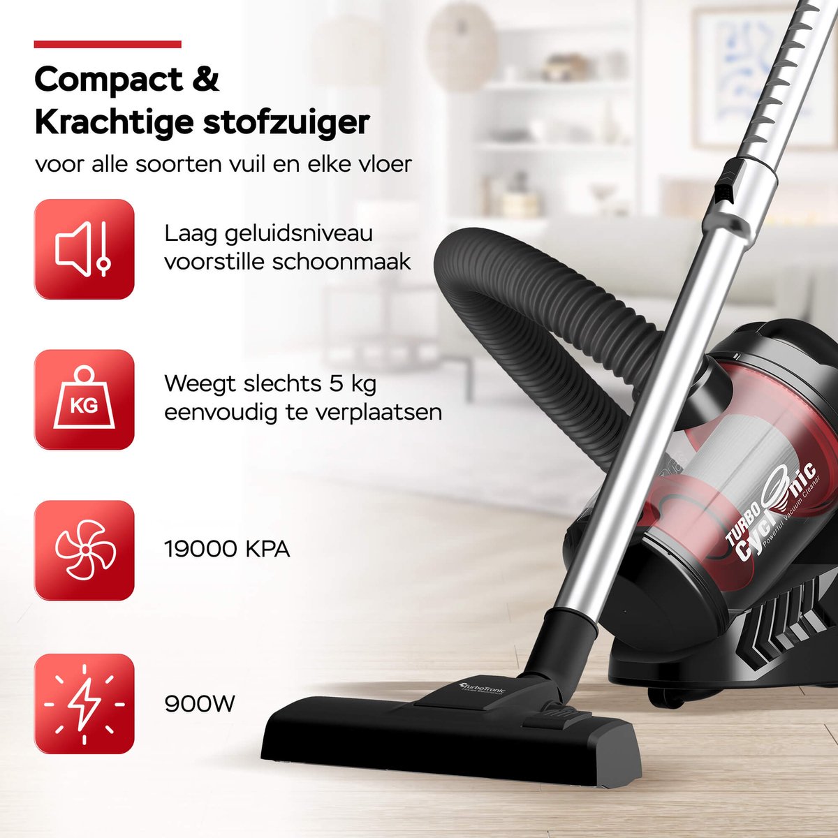 TurboTronic CV07 Stofzuiger zonder zak - Compact Design - Hoge Zuigkracht - Zakloze Stofzuiger - Zwart/Rood — afbeelding 4