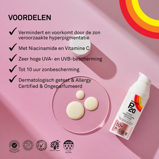 Flesje P20 Hyperpigmentation Defence SPF 50+ met oranje, gele en rode cirkels. Drie druppels crème op een schijf. Lijst met voordelen met vinkjes.