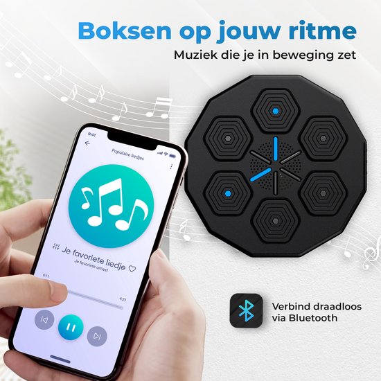Een smartphone met muziekapp toont een liedje, naast een zwart trainingsapparaat met hexagonaal design en blauwe lichten. Muzieknoten zweven.