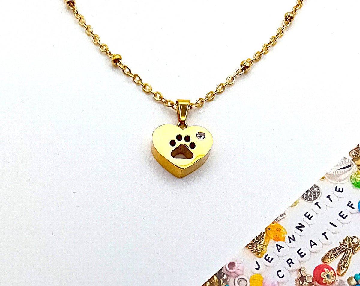 Jeannette-Creatief® - Chique - Ketting RVS Goud met Hartje met Hondenpootje en Zirkonia - RVS Ketting - Keting Dames - Ketting met Bedel - Hond - Hondenpootje - Collier - Ketting met Hartje - Ketting Goud RVS - Moederdag