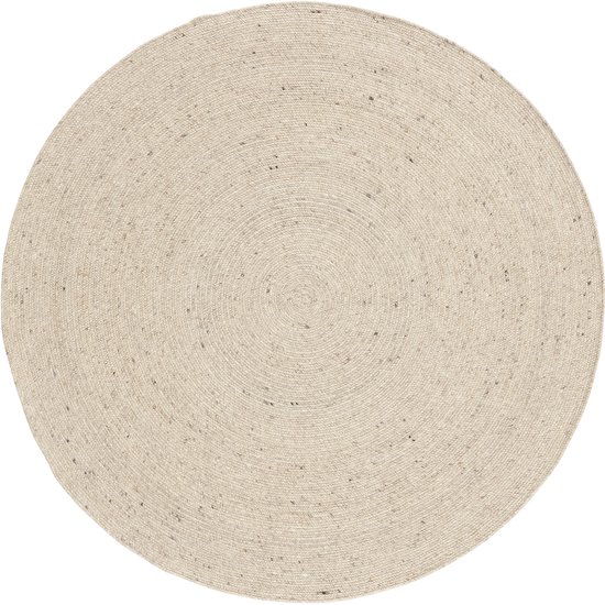 Lichtbeige, rond vloerkleed met een spiraalpatroon, geweven van natuurlijke vezels.