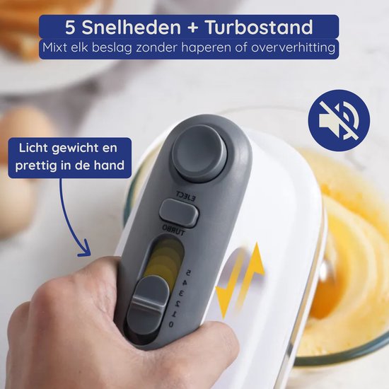 Safecourt Kitchen Handmixer – 5 snelheden + turbofunctie – kloppers, deeghaken & garde – Incl. opbergbox – Krachtig & stil – Lichtgewicht