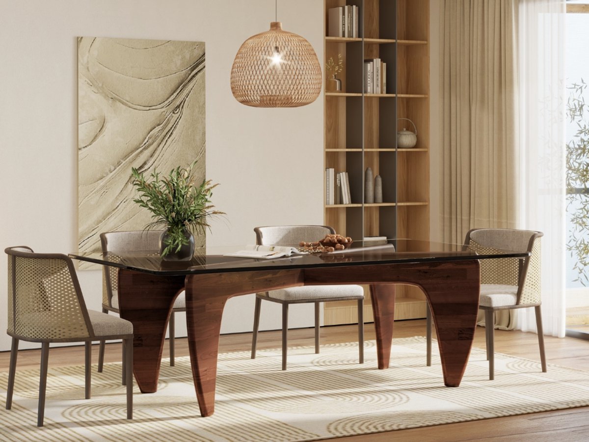 Eettafel - Tafel - Walnoot hout - Glas - Eetkamertafel - glazen eettafel - moderne eettafel - glazen tafel