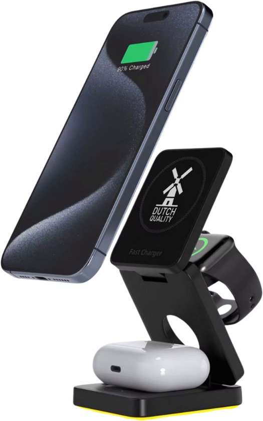 Dutch Quality® 4-in-1 Draadloze snel oplader – 15W – Magsafe – Oplaadstation – Geschikt voor Apple iPhone 16/15/14/13/12/Mini/Pro/Max, Apple Watch en AirPods - snellader geschikt voor Qi - Met 2 USB-C kabels 1 meter - met nachtlampje - zonder adapter
