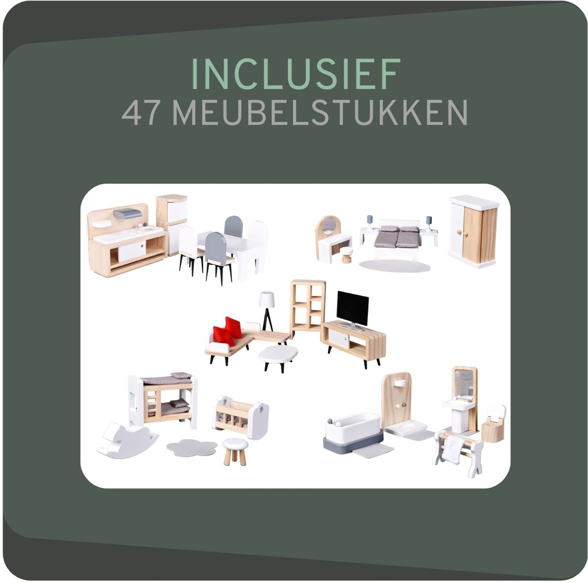 Bandits & Angels Houten Poppenhuis Wit Roze Modern Villa vanaf 3 jaar 115,5 cm hoog - Inclusief 47 meubeltjes - Poppen Huis - Poppen Speelgoed — afbeelding 7