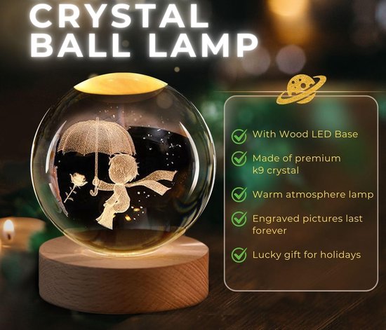 3D Kristallen Bal Nachtlampje - The Little Prince - LED Glas Licht Hologram Lamp met Massief Houten Basis - Nachtlamp - Cadeau idee - Verlichting - USB aansluiting van Merkloos — afbeelding 3