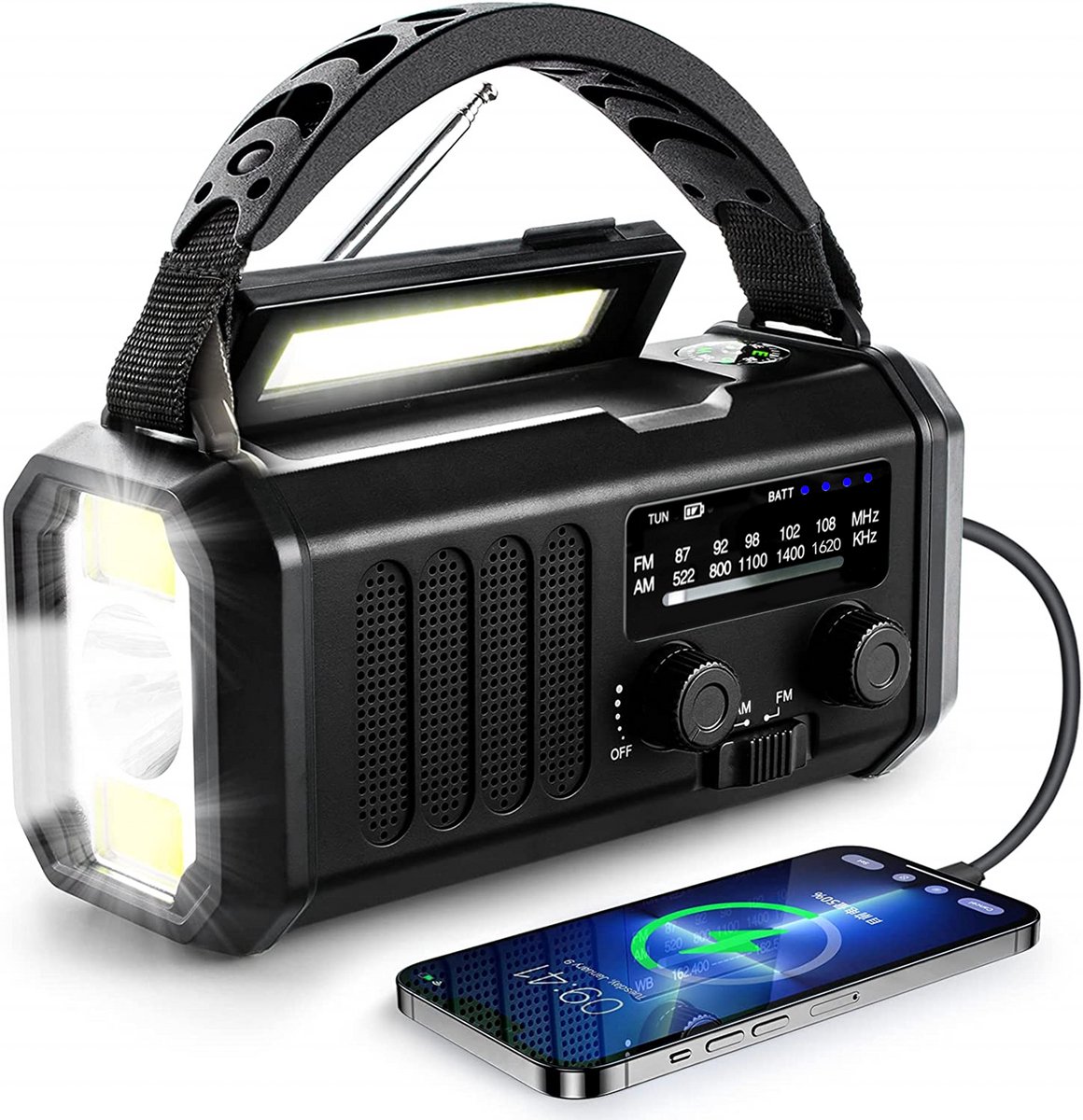 P-Repair - Noodradio - Opwindbare radio - Solar Opwindbaar - Powerbank Zonne-energie - 20.000mAh - Met zaklamp - USB oplader - USB-C oplader - Zwart – foto 8
