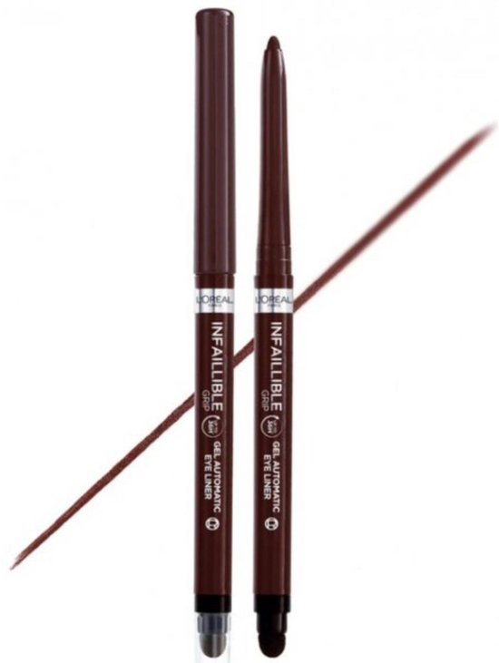 Bruine L'Oréal Infallible 36H Grip Gel Automatic Eyeliner met een bruine lijn ernaast.