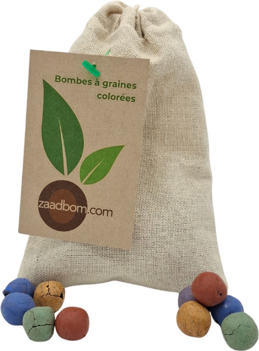 30 bombes à graines colorées dans un sachet en jute – Zaadbom.com Bombes à graines – Bombes florales – Cadeau bombes à graines – Bombes fleuries – Bombes à semer – Seedbombs