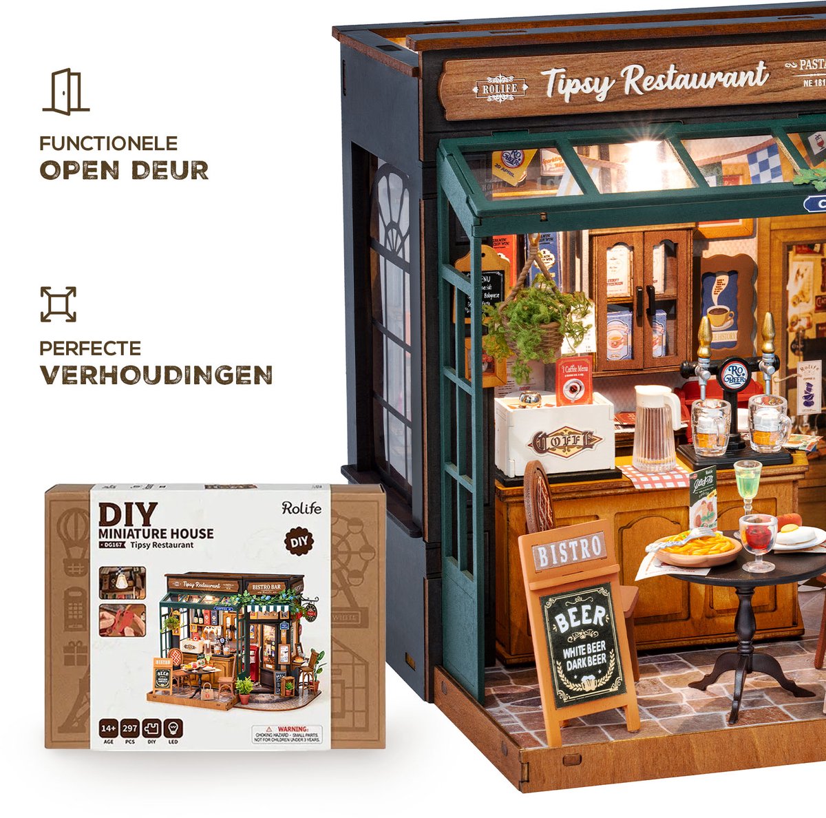 Robotime Rolife Tipsy Restaurant - DG167 - Rolife - DIY Miniatuur - Knutselen - Miniatuurhuisje — afbeelding 8