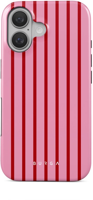 Telefoonhoesje met roze en rode verticale strepen, met dubbele camera-uitsparing.