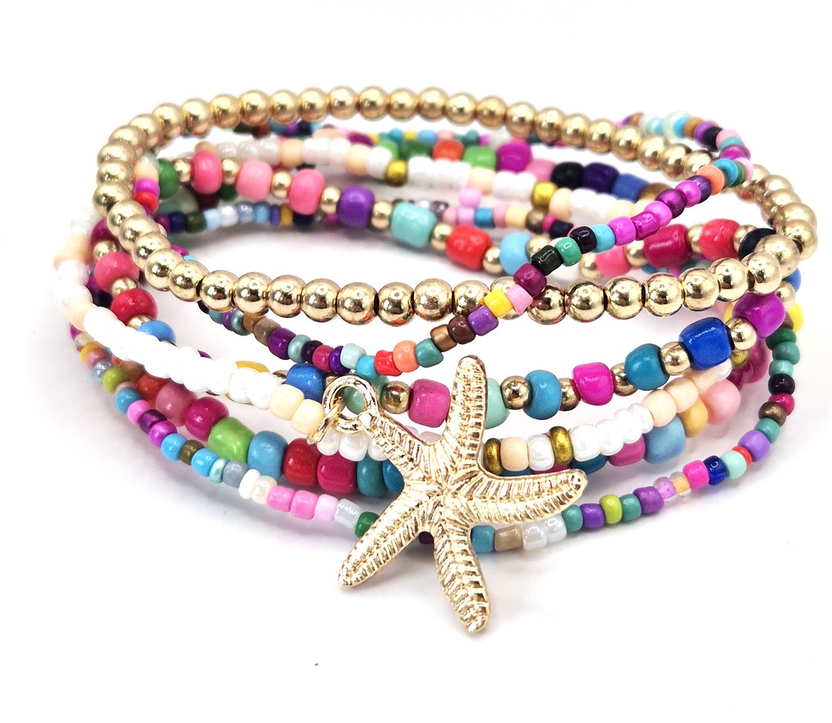 LiLaLove Kralenarmbanden Armbandenset Dames- Multicolor Ibiza armbanden- Zeester- Goudkleurig- Vrouw- Moederdag