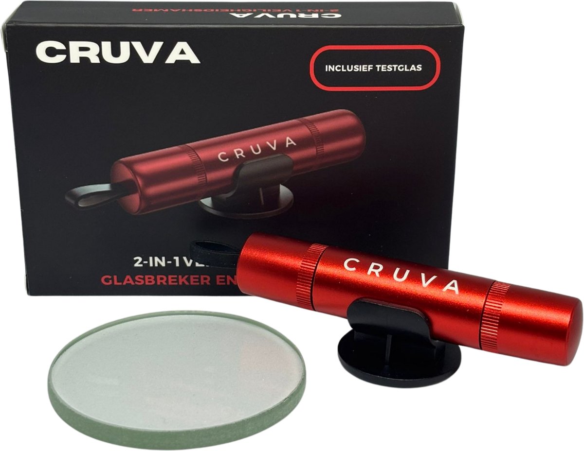 Cruva Veiligheidshamer Rood - Noodhamer Auto - 2 in 1 Safety Hammer - Inclusief Testglas en Gordelsnijder - Zelfklevende Houder - Veiligheid