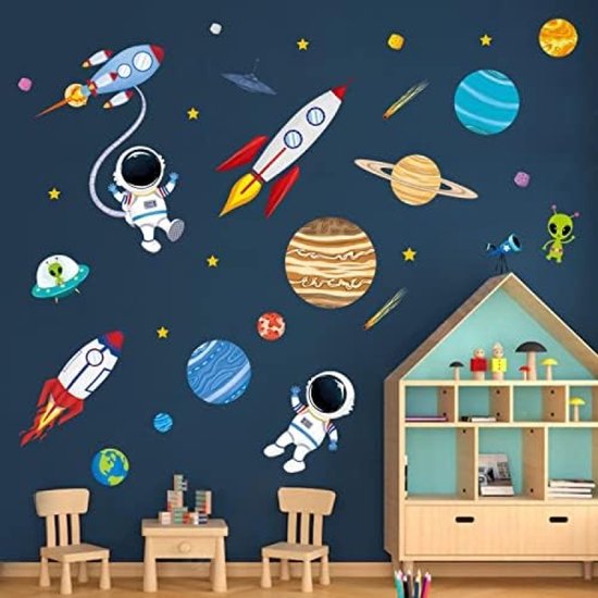PolkaHome Muurstickers Ruimte Thema - Zonnestelsel, Planeten, Astronaut en Raket - Set van 8 Stuks - Ideaal voor Kinderkamer, Speelkamer of Woonkamer - Gemakkelijk aan te brengen en Verwijderbaar