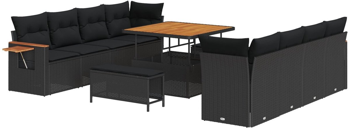 vidaXL Tuinbank - Set - 12 - st - 10-zits - Zwart - poly - rattan