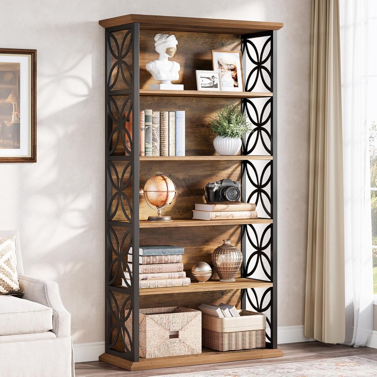 Tribesigns - Boekenkast met 6 Planken - Industriële Boekenkast met Metalen Frame - Open Opbergplanken voor Woonkamer, Slaapkamer, Thuiskantoor - 80x32x180cm - Bruin en Zwart