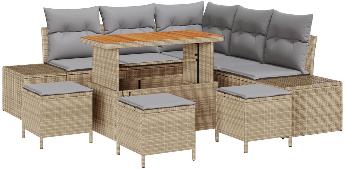 vidaXL - Tuinbank - Set - met - kussen - 8 - pcs - Beige - poly - rattan