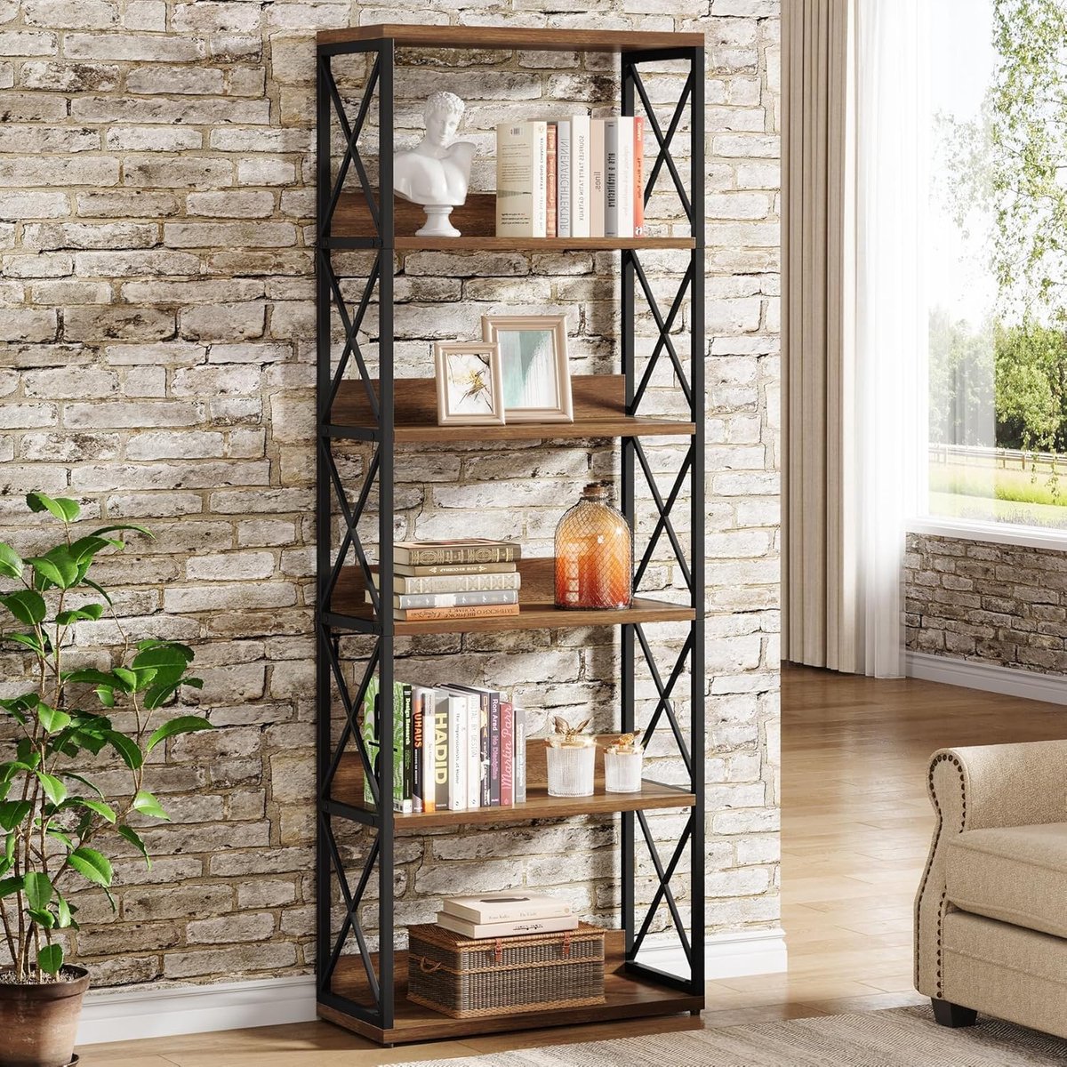 Tribesigns - Boekenkast met 6 Planken - Boekenkast Industrieel - Open Opbergplanken voor Woonkamer, Slaapkamer, Thuiskantoor - 60x30x178cm - Bruin en Zwart