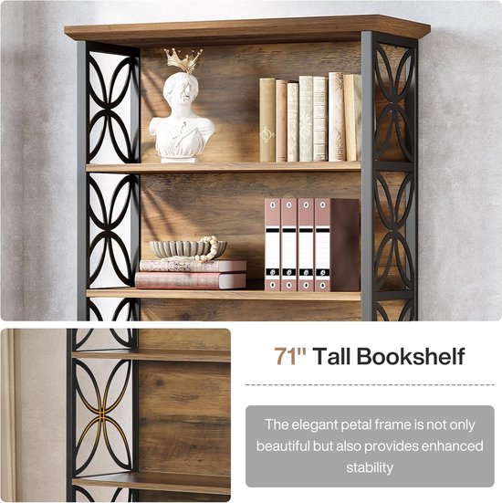 Close-up van een bruine houten boekenkast met zwart metalen frame, met buste, boeken en mappen.