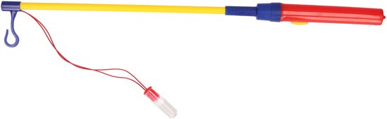 Geel en rood stokje voor lampion met blauwe haak en rood koord met dopje.