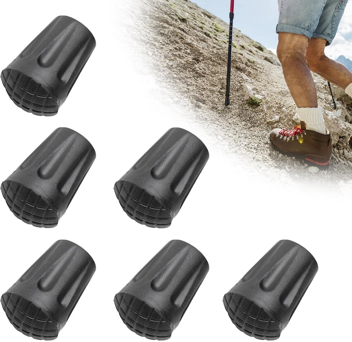 SNQ 6 stuks - Nordic Walking Cap - Wandelstokkap - Wandelstokkap - Reservekap - Nordic Walking Mat - Nordic Walking Stokkap - Ronde Nordic Voetovertrek - Trekkingstokkap - Eindstop - Wandelstokvoet - Eenvoudig te installeren - Zwart