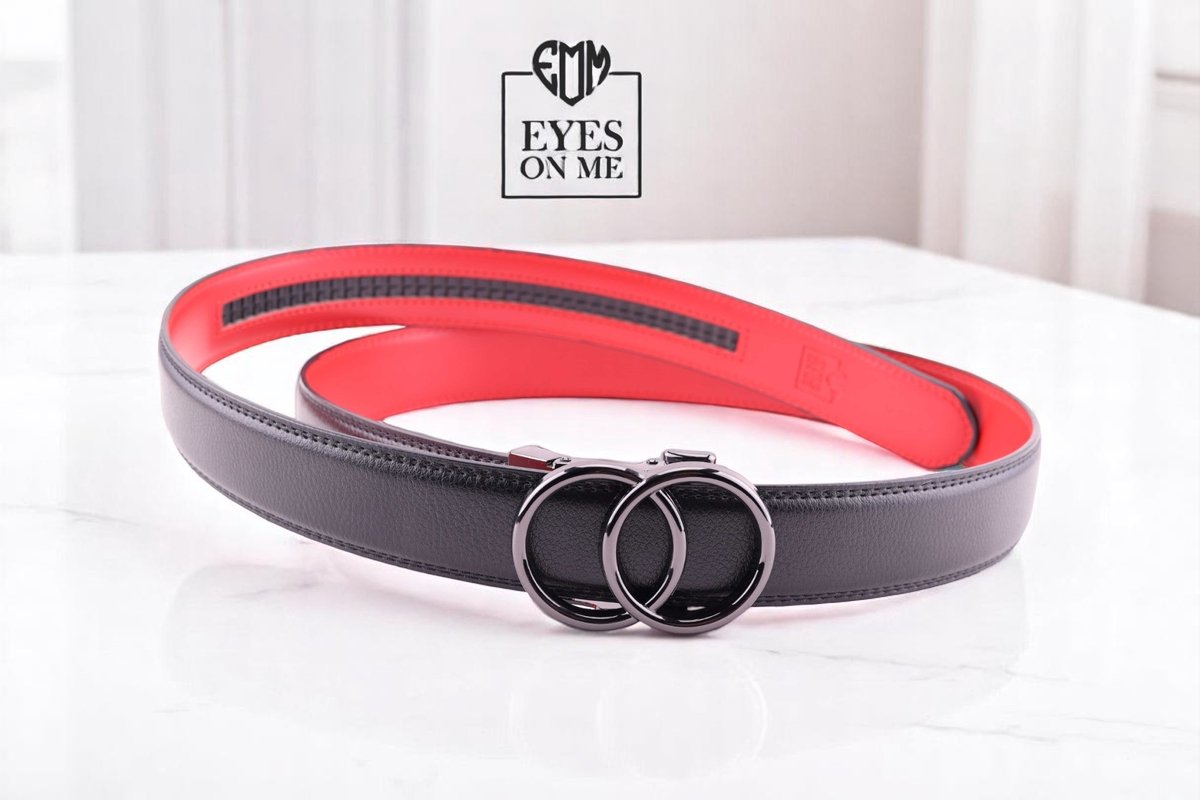Zwart + rood lederen riem zonder gaatjes met automatische gesp voor heren ( model L182 )