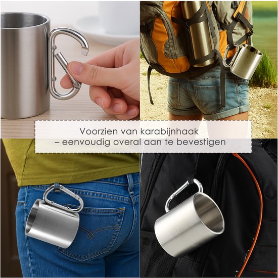 Camping Beker Dubbelwandig RVS - Lichtgewicht Outdoor Mok - Thermobeker 220ml - Met Karabijnhaak - Zilveren Isolerende Beker van Camping — afbeelding 3