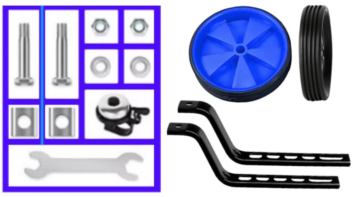 Goodz4All Blauwe Zijwieltjes Trainingswieltjes voor de Kinderfiets compleet incl. Montagemateriaal en Steeksleutel Wieltjes van 11 Cm - extra met Zilverkleurige Bel